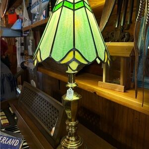Vintage Stained Glass Table Lamp with Brass Base